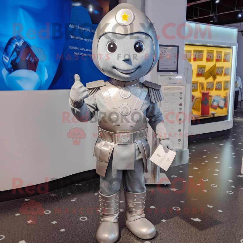 Silver Soldier mascot costume character dressed with a Waistcoat and Coin purses Silver Soldier mascot costume character dressed with a Waistcoat and Coin purses