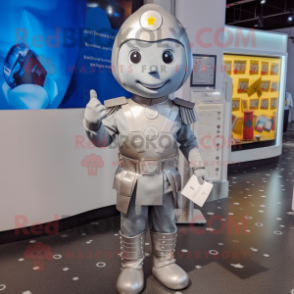 Silver Soldier mascot costume character dressed with a Waistcoat and Coin purses