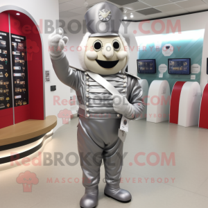Silver Soldier mascot costume character dressed with a Waistcoat and Coin purses