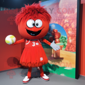 Red Handball Ball mascot costume character dressed with a Midi Dress and Hair clips