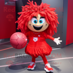 Red Handball Ball mascot costume character dressed with a Midi Dress and Hair clips