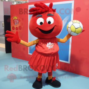 Red Handball Ball mascot costume character dressed with a Midi Dress and Hair clips