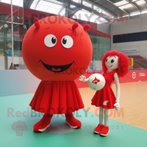 Red Handball Ball mascot costume character dressed with a Midi Dress and Hair clips