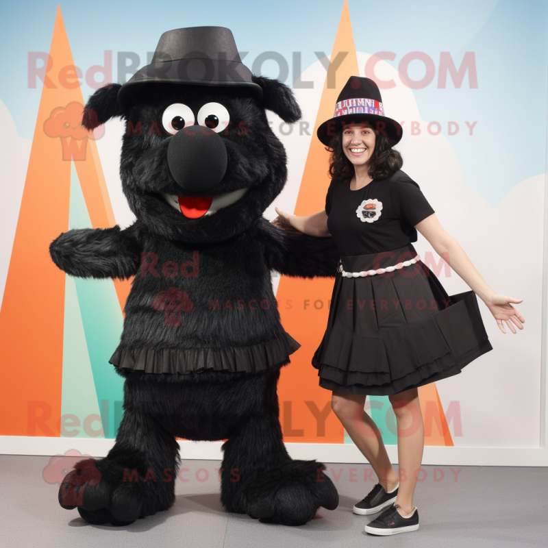 Black Shepard'S Pie mascot costume character dressed with a Mini Skirt and Hats Black Shepard'S Pie mascot costume character dressed with a Mini Skirt and Hats