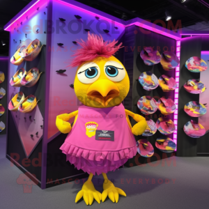 Magenta Canary mascot costume character dressed with a Bikini and Coin purses