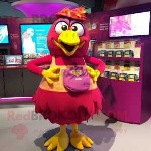 Magenta Canary mascot costume character dressed with a Bikini and Coin purses