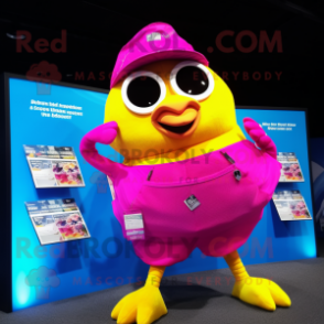 Magenta Canary mascot costume character dressed with a Bikini and Coin purses
