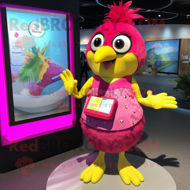 Magenta Canary mascot costume character dressed with a Bikini and Coin purses