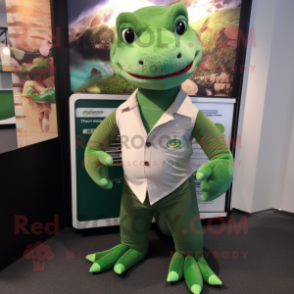 Green Komodo Dragon mascot costume character dressed with a Henley Tee and Ties