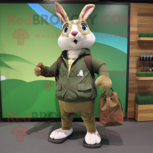 Olive Wild Rabbit mascot costume character dressed with a Windbreaker and Briefcases