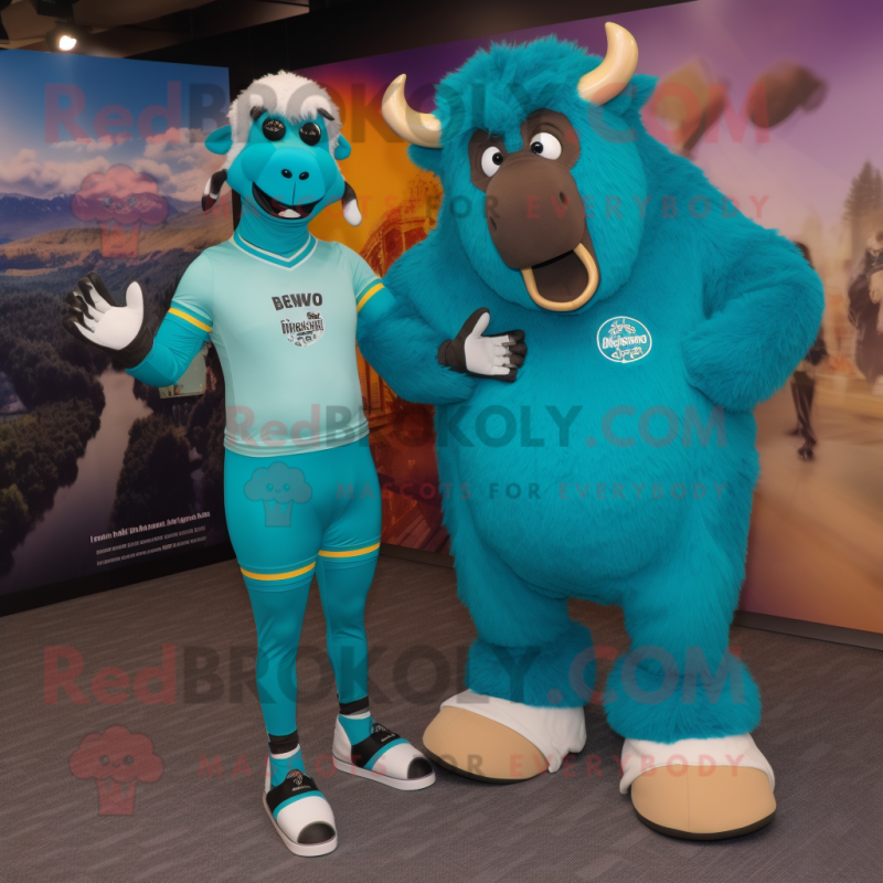 Teal Bison mascot costume character dressed with a Rash Guard and Shoe clips