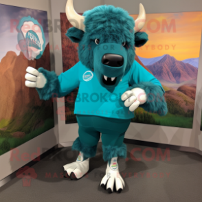 Teal Bison mascot costume character dressed with a Rash Guard and Shoe clips