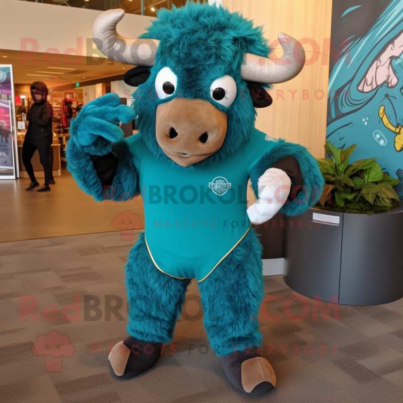 Teal Bison mascot costume character dressed with a Rash Guard and Shoe clips Teal Bison mascot costume character dressed with a Rash Guard and Shoe clips