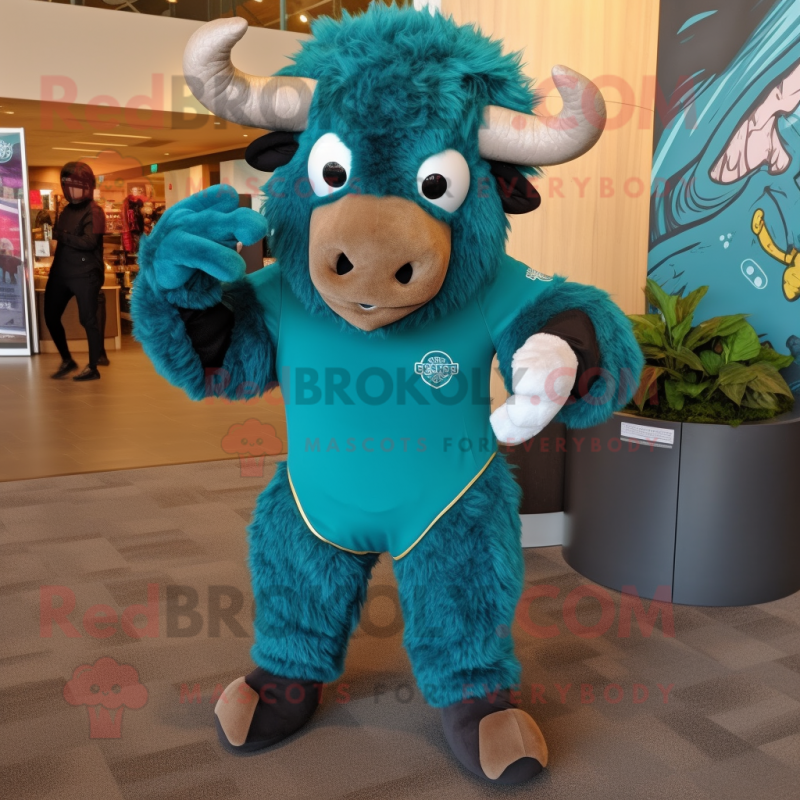 Teal Bison mascot costume character dressed with a Rash Guard and Shoe clips