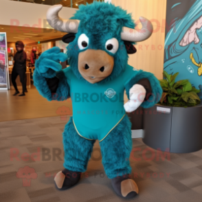 Teal Bison mascot costume character dressed with a Rash Guard and Shoe clips