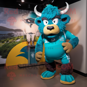 Teal Bison mascot costume character dressed with a Rash Guard and Shoe clips