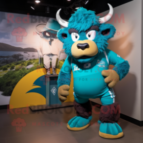 Teal Bison mascot costume character dressed with a Rash Guard and Shoe clips