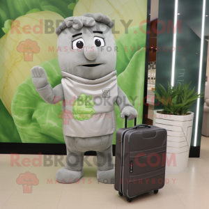 Gray Caesar Salad mascot costume character dressed with a Playsuit and Briefcases