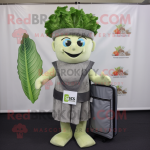 Gray Caesar Salad mascot costume character dressed with a Playsuit and Briefcases