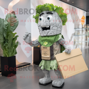 Gray Caesar Salad mascot costume character dressed with a Playsuit and Briefcases