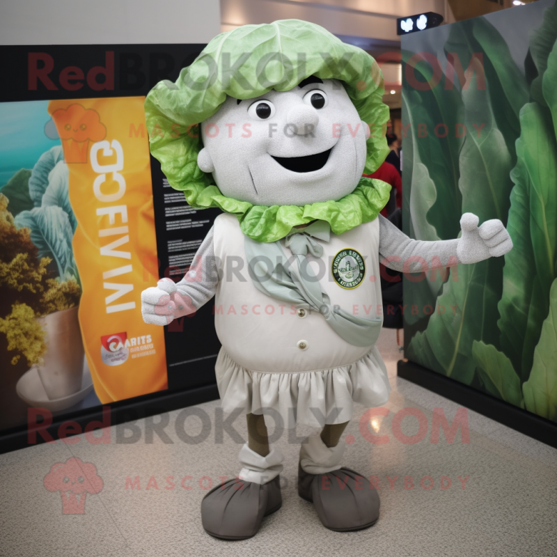 Gray Caesar Salad mascot costume character dressed with a Playsuit and Briefcases Gray Caesar Salad mascot costume character dressed with a Playsuit and Briefcases