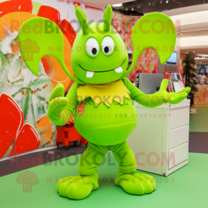 Lime Green Lobster Bisque mascot costume character dressed with a Playsuit and Brooches