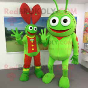 Lime Green Lobster Bisque mascot costume character dressed with a Playsuit and Brooches