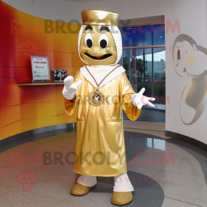 Gold Doctor mascot costume character dressed with a Capri Pants and Shawl pins