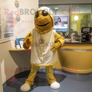 Gold Doctor mascot costume character dressed with a Capri Pants and Shawl pins