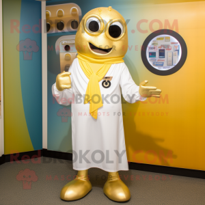Gold Doctor mascot costume character dressed with a Capri Pants and Shawl pins