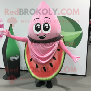 Pink Watermelon mascot costume character dressed with a Wrap Skirt and Scarf clips