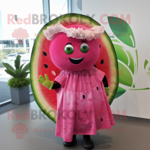 Pink Watermelon mascot costume character dressed with a Wrap Skirt and Scarf clips