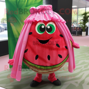 Pink Watermelon mascot costume character dressed with a Wrap Skirt and Scarf clips
