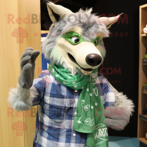 Green Say Wolf mascot costume character dressed with a Chambray Shirt and Scarves