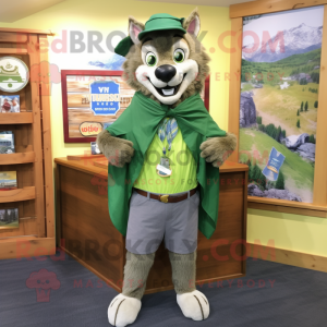 Green Say Wolf mascot costume character dressed with a Chambray Shirt and Scarves