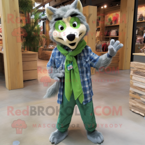 Green Say Wolf mascot costume character dressed with a Chambray Shirt and Scarves