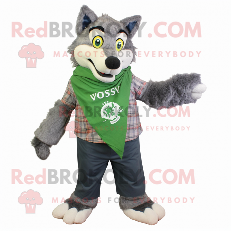 Green Say Wolf mascot costume character dressed with a Chambray Shirt and Scarves Green Say Wolf mascot costume character dressed with a Chambray Shirt and Scarves