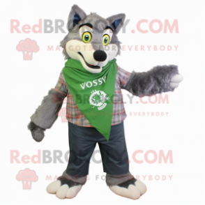 Green Say Wolf mascot costume character dressed with a Chambray Shirt and Scarves