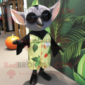 Olive Fruit Bat mascot costume character dressed with a Dress and Sunglasses