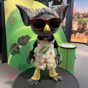 Olive Fruit Bat mascot costume character dressed with a Dress and Sunglasses