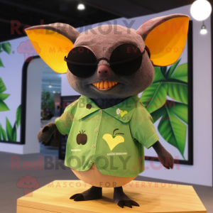 Olive Fruit Bat mascot costume character dressed with a Dress and Sunglasses