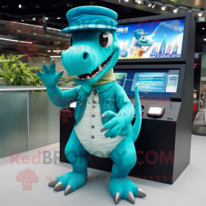 Turquoise Parasaurolophus mascot costume character dressed with a Overalls and Digital watches