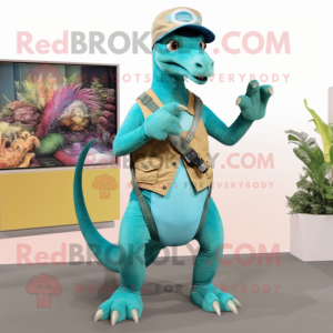 Turquoise Parasaurolophus mascot costume character dressed with a Overalls and Digital watches