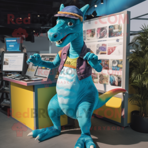 Turquoise Parasaurolophus mascot costume character dressed with a Overalls and Digital watches