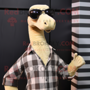 Cream Brachiosaurus mascot costume character dressed with a Flannel Shirt and Sunglasses