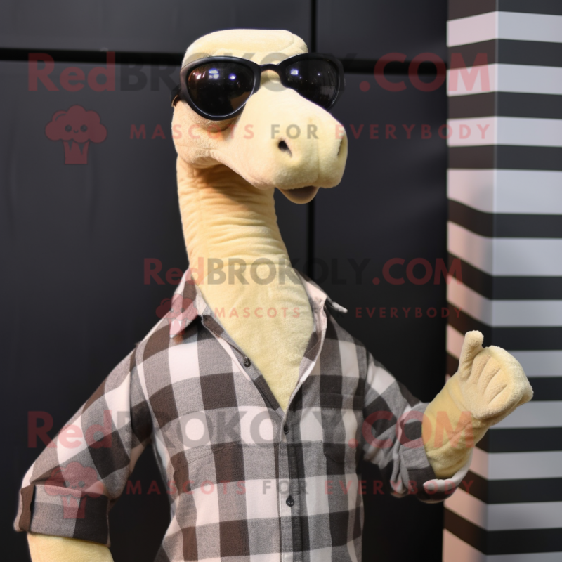 Cream Brachiosaurus mascot costume character dressed with a Flannel Shirt and Sunglasses