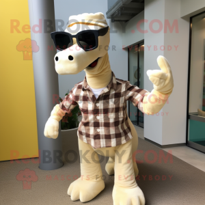 Cream Brachiosaurus mascot costume character dressed with a Flannel Shirt and Sunglasses