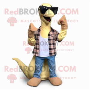 Cream Brachiosaurus mascot costume character dressed with a Flannel Shirt and Sunglasses