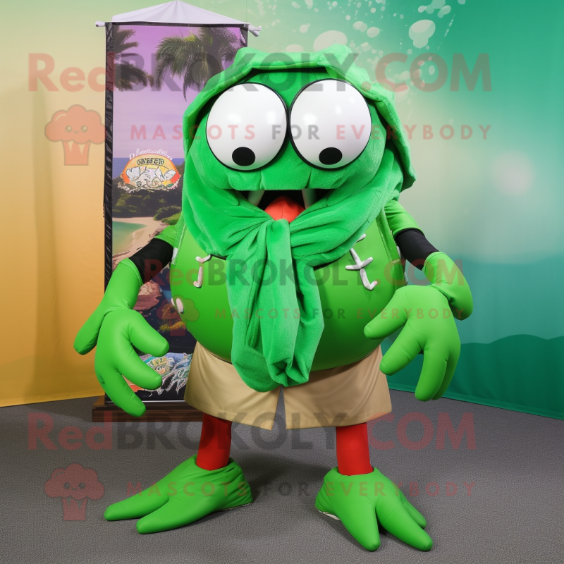 Forest Green Crab Cakes mascot costume character dressed with a Bikini and Scarf clips