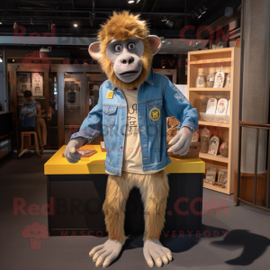 Gold Baboon mascot costume character dressed with a Denim Shirt and Brooches